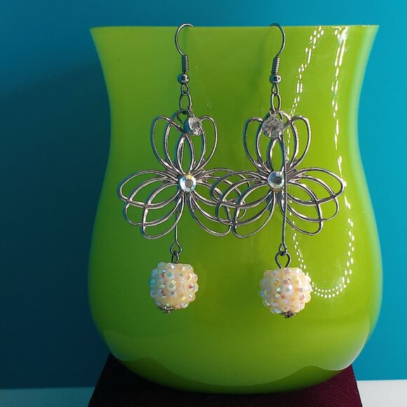 Silver floral with white shiny disco ball crystal dangle earrings - Picture 7 of 7